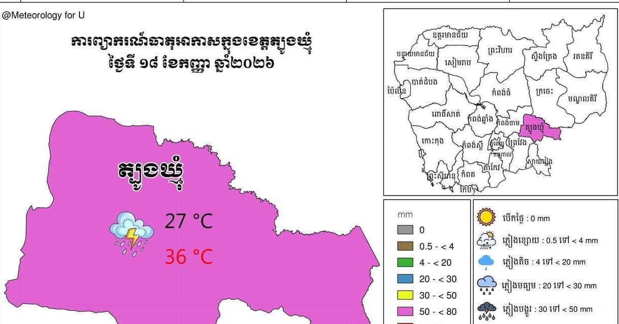 សេចក្តីជូនដំណឹង អំពីស្ថានភាព ឧតុនិយម និង ជលសាស្ត្រ ÷ នៅព្រឹកថ្ងៃទី ១៨ ខែ កញ្ញា ឆ្នាំ២០២៦