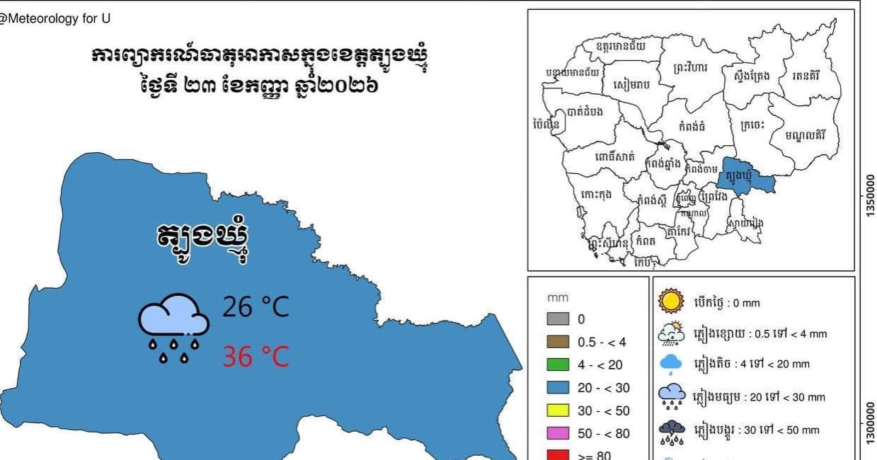 សេចក្តីជូនដំណឹង អំពីស្ថានភាព ឧតុនិយម និង ជលសាស្ត្រ ÷ នៅព្រឹកថ្ងៃទី ២៣ ខែ កញ្ញា ឆ្នាំ២០២៦