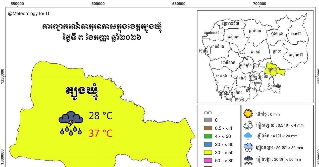 សេចក្តីជូនដំណឹង អំពីស្ថានភាព ឧតុនិយម និង ជលសាស្ត្រ ÷ នៅព្រឹកថ្ងៃទី ០៣ ខែ កញ្ញា ឆ្នាំ២០២៦