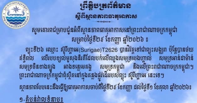 ព្យុះទី២៦ ឈ្មោះ ស៊ូរីហ្គាអេ(Surigae)T2626 បានវិវត្តទៅជាព្យុះសង្ឃរា ប៉ុន្តែបានថយឥទ្ធិពល លើរបបខ្យល់មូសុងនិរតីដែលបក់លើឈូងសមុទ្របេងហ្គាល សមុទ្រអាន់ដាម៉ាន់ សមុទ្រចិនខាងត្បូង អាងទន្លេមេគង្គ សមុទ្រកម្ពុជា