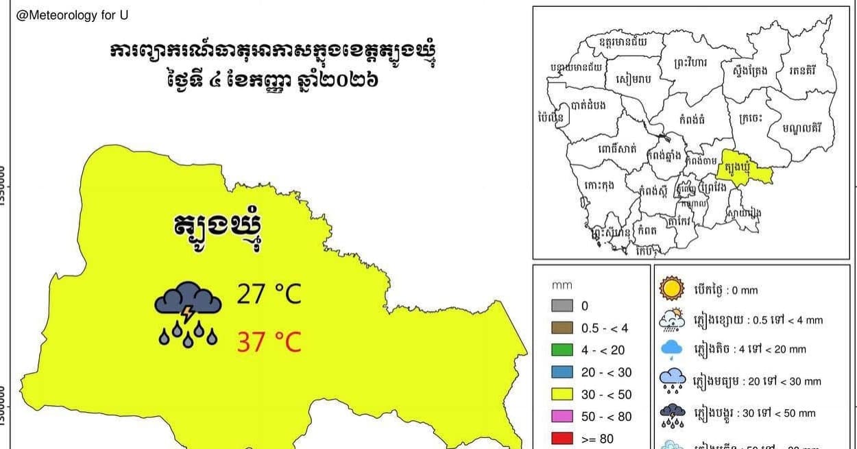 សេចក្តីជូនដំណឹង អំពីស្ថានភាព ឧតុនិយម និង ជលសាស្ត្រ ÷ នៅព្រឹកថ្ងៃទី ០៤ ខែ កញ្ញា ឆ្នាំ២០២៦